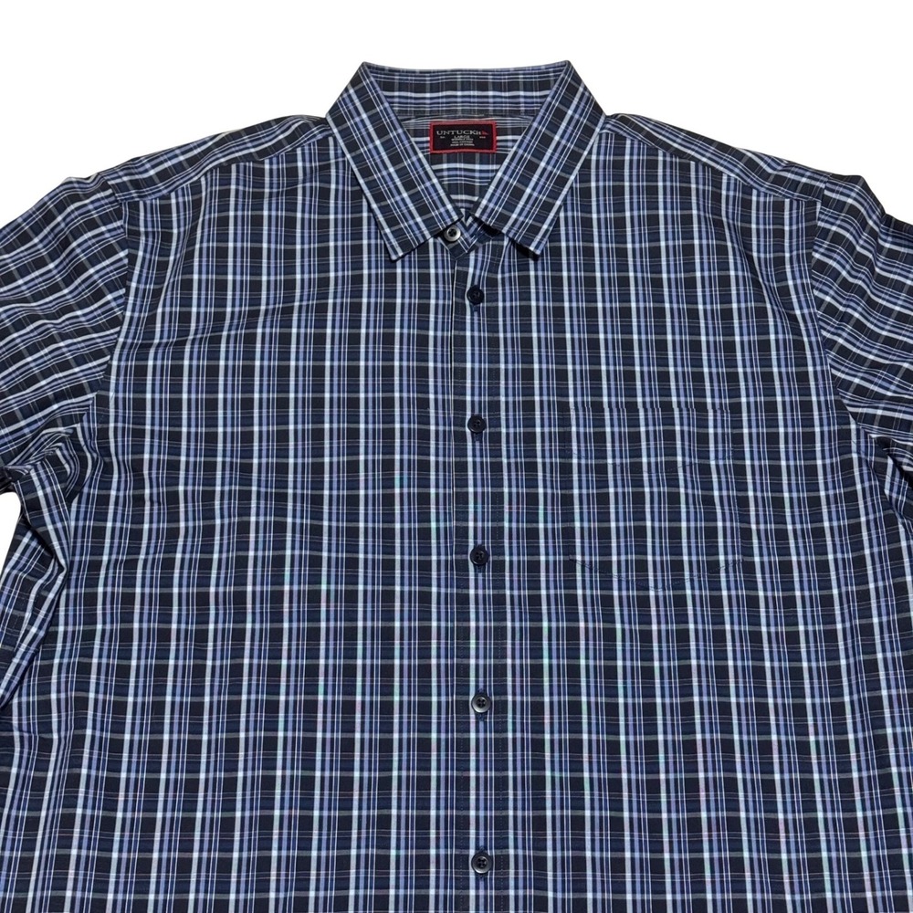 UNTUCKit Mens Large Navy Blue Plaid Wrinkle Free 100% Cotton Button Down Shirt - Picture 4 of 7